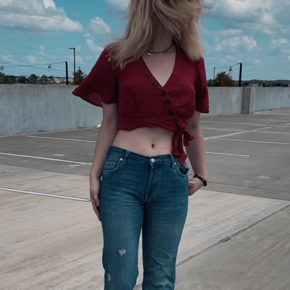 Red tie-front cropped blouse